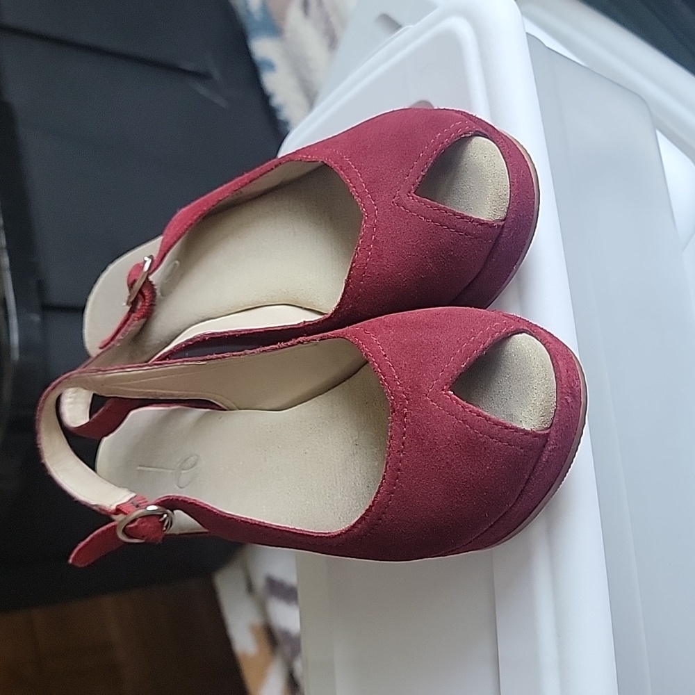 Red peep toe strap wedges